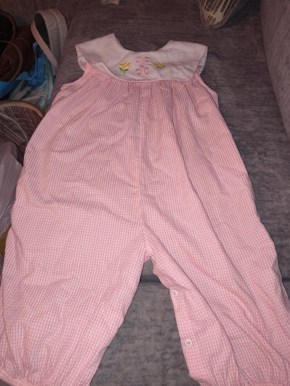 Vintage Girls Pink Embroidered Seersucker Romper